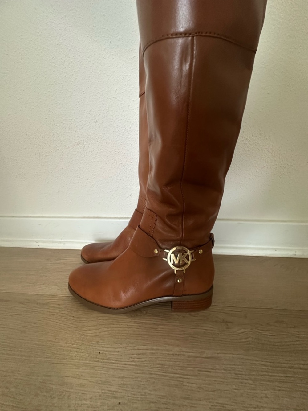 Michael Kors Brown Leather Riding Boots with Gold MK Emblem - Picture 10 of 10